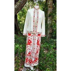 VINTAGE 1960s ALFRED‎ SHAHEEN 2 PIECE JACKET MAXI PAINTED HAWAIIAN DRESS Size 12